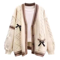 【新品】 [QUNCHAORI] ニットカーディガン ゆったり レディース リボン付き 学生 セーター ストライプ カーディガン 森ガール 秋セーター きれめ カジュアル 可愛い お洒落 ロリータ風 春服 秋服 春秋冬 通勤 通学 日常服 ふわふわ 長袖  0