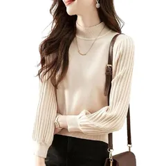 【新品】 [セイラ] ニット トップス 長袖 プルオーバー セーター レディース タートルネック 無地 リブ ストライプ パフスリーブ カットソー 上着 着痩せ おしゃれ 大人 エレガント カジュアル 秋 冬 春 1