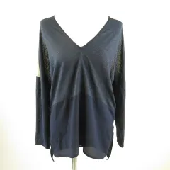 ザラ ZARA カットソー 長袖 Vネック ラメ 紺 M *T190