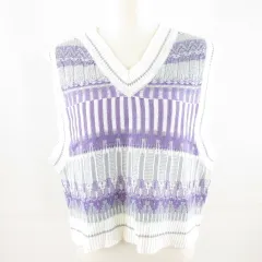 クリア Clear ニットベスト Vネック 総柄 紫 白 F *A47