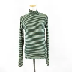 ローリーズファーム LOWRYS FARM ボーダーリブニット カットソー 長袖 ストレッチ 緑 ベージュ F *A132