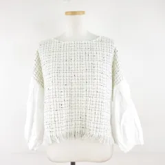 ザラ ZARA カットソー ニット チェック 長袖 白 オフホワイト M *A905