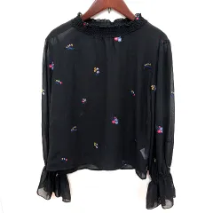 ダブルクローゼット w closet シャツ ブラウス 長袖 総柄 黒 ブラック /RT