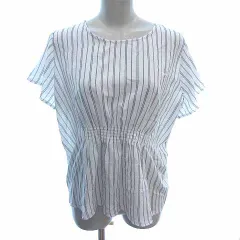 ドレスキップ DRESKIP ブラウス 切替 ストライプ 半袖 M 白 ホワイト 紺 ネイビー /YK