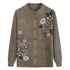 [New] [Apparlxer] Women's Knit Cardigan, Long Sleeve Button-Down Knit Jacket with Pockets, Open Front, Floral Embroidery, Autumn Coat, Warm, One Size Fits Most, Suitable for Seniors and Grandmothers