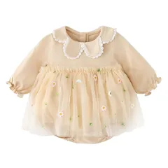 【新品】 [Reegoo Peter] ベビー服 カバーオール ドレス ボディースーツ チュールスカート 春 秋 女の子 新生児 子供服 刺繍 キク柄プレ カーキ 73 6-9ヶ月 1