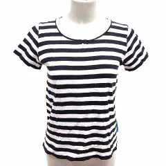 ヒューマンウーマン HUMAN WOMAN Tシャツ カットソー ヘンリーネック ボーダー 半袖 M 黒 ブラック 白 ホワイト /YK