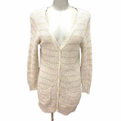 ジルスチュアート JILL STUART ロングカーディガン ニット Vネック ボーダー 長袖 麻混 リネン混 M アイボリー 白 ホワイト /YK