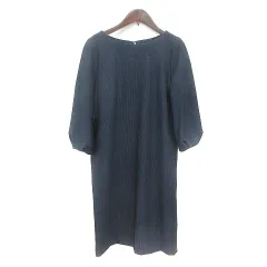 ナチュラルビューティーベーシック NATURAL BEAUTY BASIC ワンピース ひざ丈 ストライプ 長袖 S 紺 ネイビー /MN