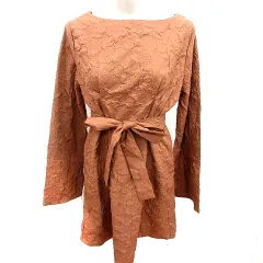 アンブルネージュ Ambre Neige ワンピース Aライン ひざ丈 長袖 総柄 ウエストマーク F 茶 ブラウン /RT