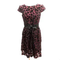 エニィスィス エニシス anySiS ワンピース ひざ丈 オーガンジー フロッキープリント 花柄 フレンチスリーブ ウエストマーク 1 S ボルドー 赤 レッド /AU