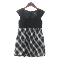 コムサイズム COMME CA ISM ワンピース ひざ丈 チェック フレンチスリーブ 140A 黒 ブラック 緑 グリーン 紺 ネイビー 赤 レッド /MS ●RY