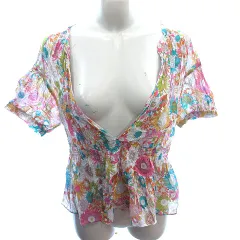 マカフィー MACPHEE トゥモローランド シャツ ブラウス スリットネック ペプラム カットオフ ダメージ加工 花柄 麻混 リネン混 半袖 白 ホワイト /AU