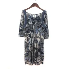 ブージュルード Bou Jeloud ワンピース ひざ丈 総柄 七分袖 F 紺 ネイビー 白 ホワイト アイボリー /MS