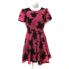 レストローズ L'EST ROSE ワンピース ひざ丈 半袖 花柄 2 M ワインレッド 黒 ブラック /YI