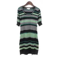エムケー ミッシェルクラン MK MICHEL KLEIN ワンピース ニット ひざ丈 ボーダー 五分袖 ラメ 38 M グレー 緑 グリーン /MN