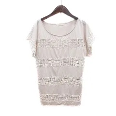 ナチュラルビューティーベーシック NATURAL BEAUTY BASIC カットソー クルーネック レース ボーダー 半袖 チュニック丈 M ライトベージュ /MN