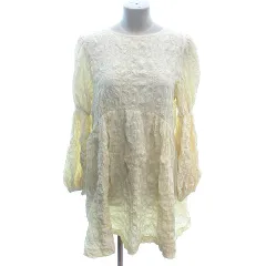 ダブルクローゼット w closet シャツワンピース ミニ 背中開き シャーリング リボン シワ加工 バルーンスリーブ 長袖 F クリーム色 白 ホワイト /AU