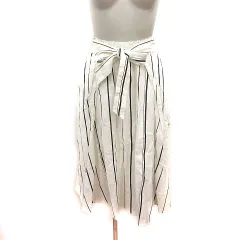 ミラオーウェン Mila Owen フレアスカート ロング 麻 リネン ストライプ ウエストマーク 0 白 ホワイト 黒 ブラック /MS