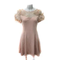 マーキュリービジュー Mercury Bijou ワンピース ひざ丈 半袖 切替 チュール レース 刺繍 F ベージュ /YI