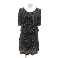 シップス SHIPS ワンピース ひざ丈 ノーカラー ドット 五分袖 黒 ブラック 白 アイボリー /MS