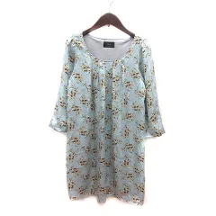 クロシェ Cloche ワンピース ミニ 花柄 ノーカラー 七分袖 2 水色 ライトブルー 黃 イエロー 茶 ブラウン /MS