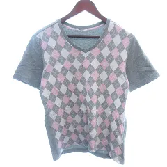 ユニオンステーション UNION STATION ニット カットソー Tシャツ Vネック 切替 アーガイル柄 半袖 3 L グレー /AU