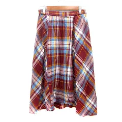 コムサイズム COMME CA ISM フレアスカート ミモレ ロング チェック 麻混 リネン混 9 M 赤茶 ブラウン /MN