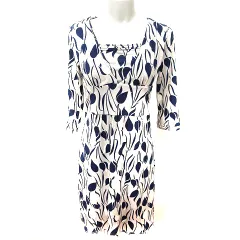 オフオン ofuon ワンピース Aライン ひざ丈 長袖 総柄 38 グレージュ 紺 ネイビー /RT