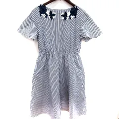 クチュールブローチ COUTURE BROOCH ワンピース Aライン ひざ丈 半袖 ストライプ 38 紺 ネイビー 白 ホワイト /RT