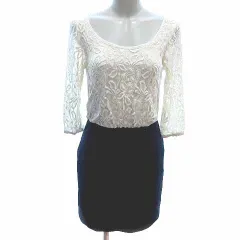 ロイヤルパーティー ROYAL PARTY ワンピース ミニ ドッキング シフォン 総柄 七分袖 38 M 白 ホワイト 紺 ネイビー /YK