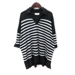 モノマート MONO-MART カットソー オープンカラー ボーダー 半袖 M 黒 ブラック 白 ホワイト /YI