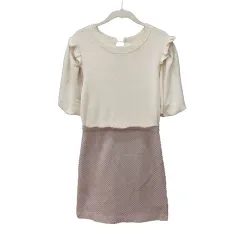 リリーブラウン Lily Brown ワンピース ひざ丈 切替 ニット フリル バルーンスリーブ 五分袖 1 白 アイボリー ピンク /MS