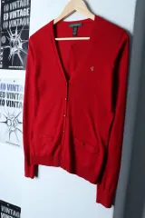 W(S-M) POLO RALPH LAUREN ポロラルフローレン ニットカーディガン スモールロゴ レッド ノームコア - 17626