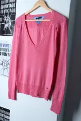 W(M-L) Tommy Hilfiger トミーヒルフィガー ニット Vネック ピンク 無地 カシミア-1762E
