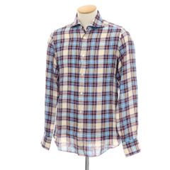 【中古】フィナモレ Finamore リネン チェック ホリゾンタルカラー カジュアルシャツ ベージュxブルー【サイズ38】【メンズ】