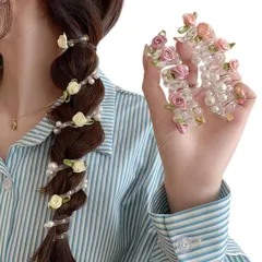 【数量限定】女子大生 高馬尾バブルブレード おしゃれ髪飾り ヘアアクセサリー デート パール付き電話線タイプ 就活 発表会 旅行 ギフト(A/真珠の花ローズ 編み込みヘアゴム 3 個セット ）