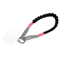 【新品】 [macaroni edge] マカロニエッジ ソロモン編み ショート スマホストラップ マルチカラー1 ロープ スマートフォンストラップ ハンドストラップ フォンストラップ タグ付き 韓国雑貨 (ブラック×ピンク) 1