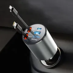 【巻き取り式・USB-C＆Lightning】VIKNAN シガーソケット 車 充電器 巻き取り式充電ケーブル 4台同時充電可能 車載充電器 カーチャージャー 急速充電 12V/24V対応 iPhone/Android対応 ハイエース ジムニー アクセサリ 0