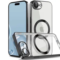 【新品】 MuZiF iPhone 16e 用 ケース クリア メッキ加工 Magsafe対応 永久磁石 レンズ保護 TPU ソフトケース 薄くて軽い 人気 耐衝撃 携帯カバー iPhone16e 用 クリアケース (iPhone 16e,ブラック 1