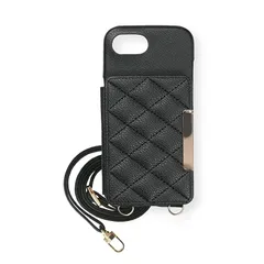 【新品】 iPhone 16e 用 ケース アイフォン16e スマホケース ショルダー 鏡付き キルティング 可愛い 無地 シンプル おしゃれ 03 アイボリーブラック 0