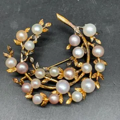 I472 アコヤ真珠 ボタニカルリーフデザイン ゴールドカラーブローチ パールアクセサリー マルチカラー SILVER刻印