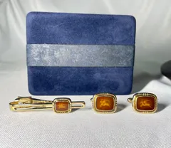 美品 Burberry バーバリー エクエストリアンナイトロゴ 騎士デザイン ゴールド & ブラウン カフス ネクタイピン セット タイピン 箱有