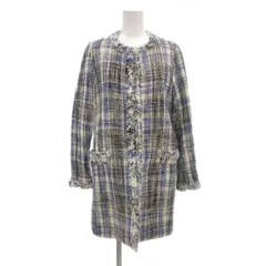 ザラ ベーシック ZARA BASIC ノーカラージャケット S ツイード ミドル丈 フリンジ チェック柄 青 ブルー 白 ホワイト /NU