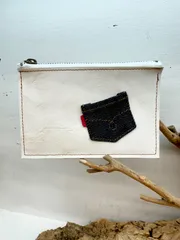 本革 コインケース オフホワイト　デニムポケット付き 小銭入れ ハンドメイド ミニポーチ