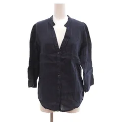 120% lino シャツ 麻 リネン 長袖 バンドカラー Vネック 40 ネイビー /UO