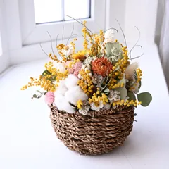ミモザのバスケットアレンジメント｜ドライフラワーギフト・母の日・ミモザの日・春インテリア