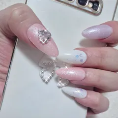 【No.10】上品 ネイルチップ パープル ピンク ホワイト ハート  ビジュー ホログラム ホロ 量産型 ガーリー フェミニン 姫系 あざと可愛い 上品ネイル キラキラ ちゅるん デート 推し活 ライブ お出かけ 春ネイル
