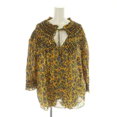 ザラ ZARA シャツ ブラウス M 黄色 イエロー 紺 ネイビー 花柄 長袖 シャーリング /AG ■OS