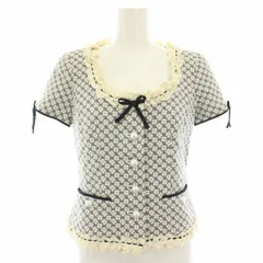 ルネ Rene ティシュー TISSUE ノーカラージャケット アウター 半袖 花柄 レース リボン 34 紺 ネイビー 白 ホワイト /YT ▲H